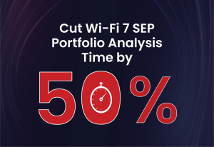 Text reads: "Cut Wi-Fi 7 SEP Portfolio Analysis Time by 50%," with a stopwatch inside the number 0.
